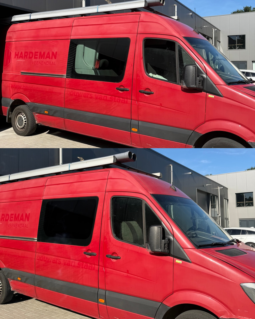 Premium raamfolie op rode stationwagen